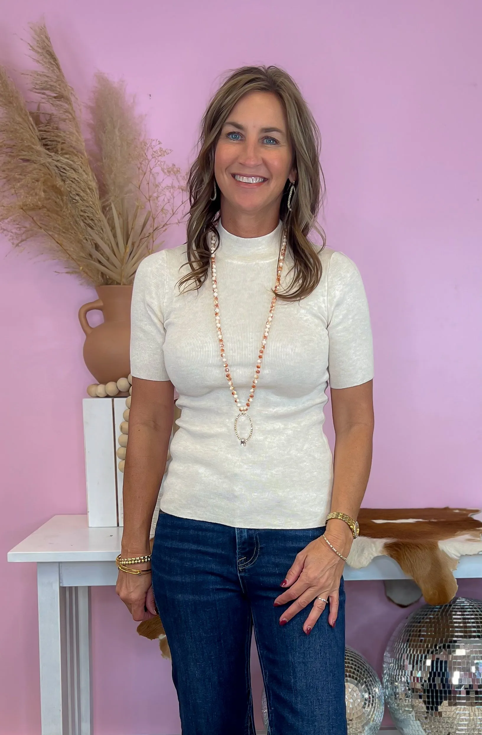 Cute And Casual Barley Ribbed Short Sleeve Mock Neck Top