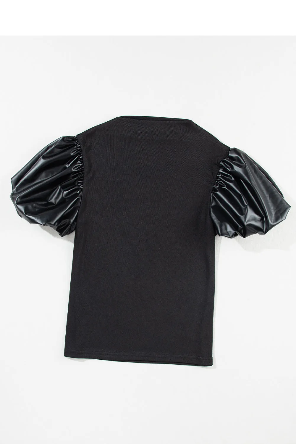 Faux Leather Puff Mock Neck Top