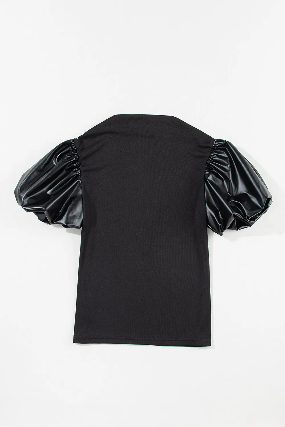 Faux Leather Puff Mock Neck Top