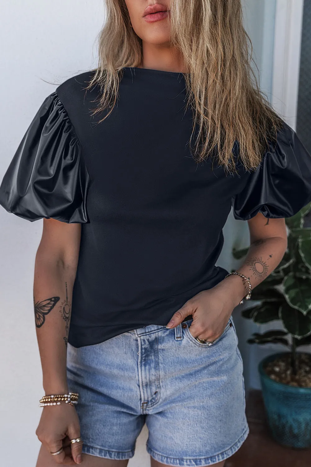 Faux Leather Puff Mock Neck Top