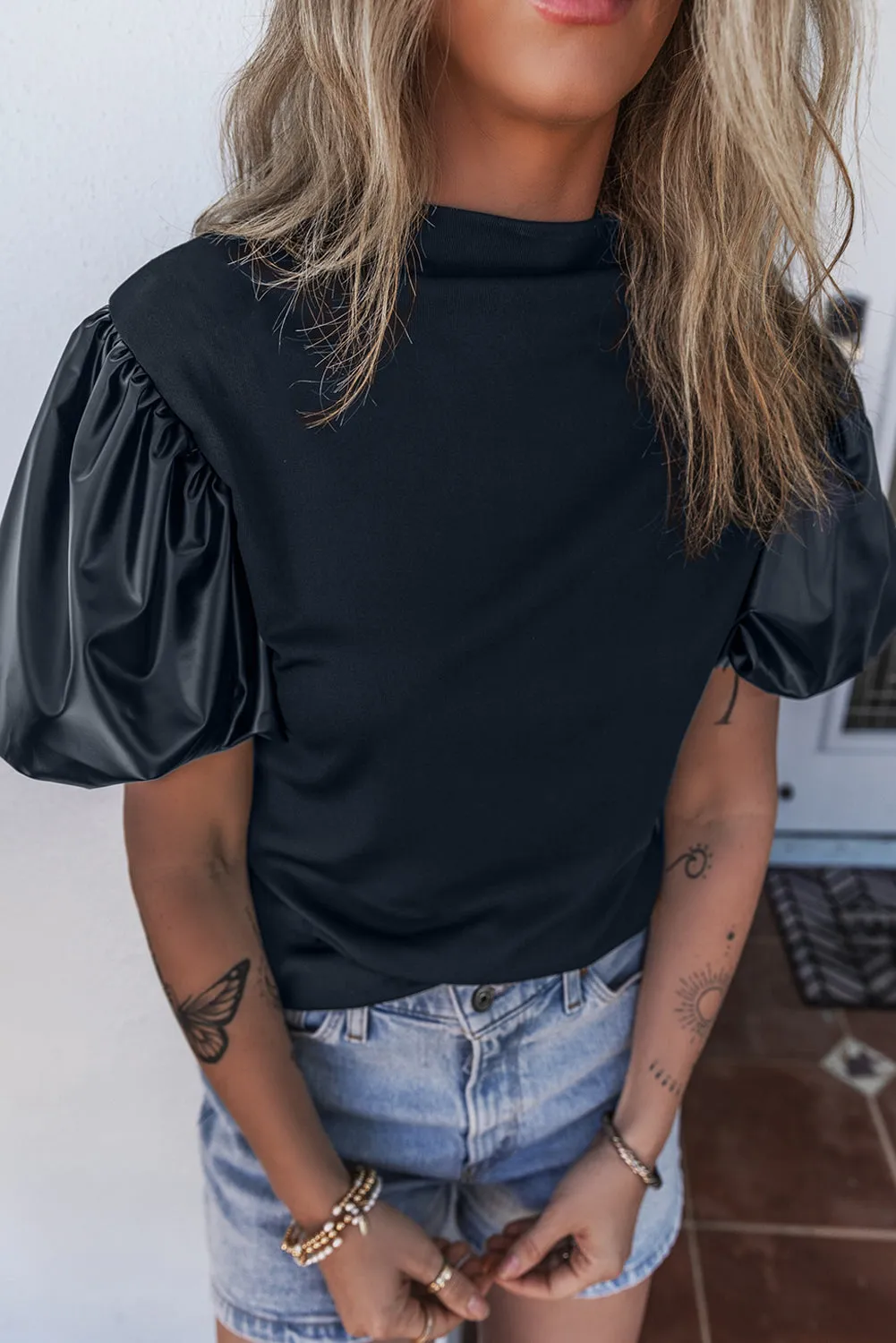 Faux Leather Puff Mock Neck Top