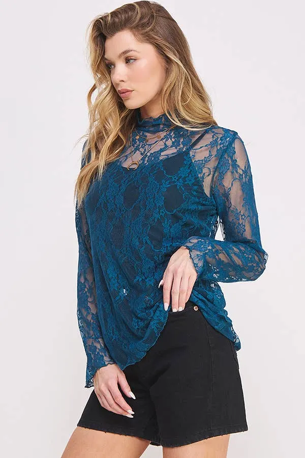 Floral print lace long sleeve top