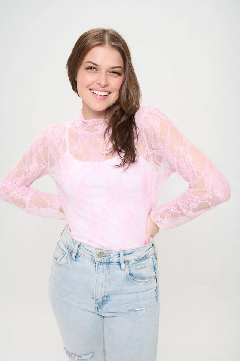 Floral print lace long sleeve top