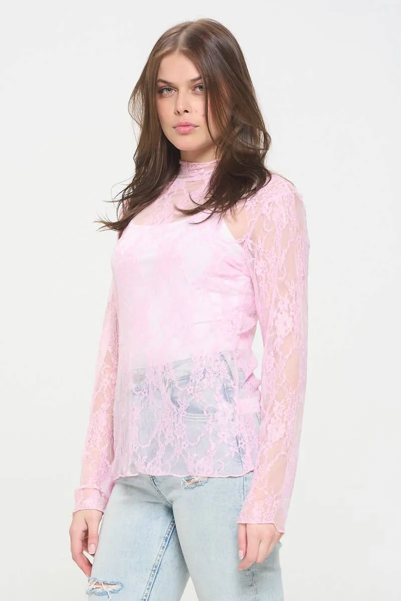 Floral print lace long sleeve top
