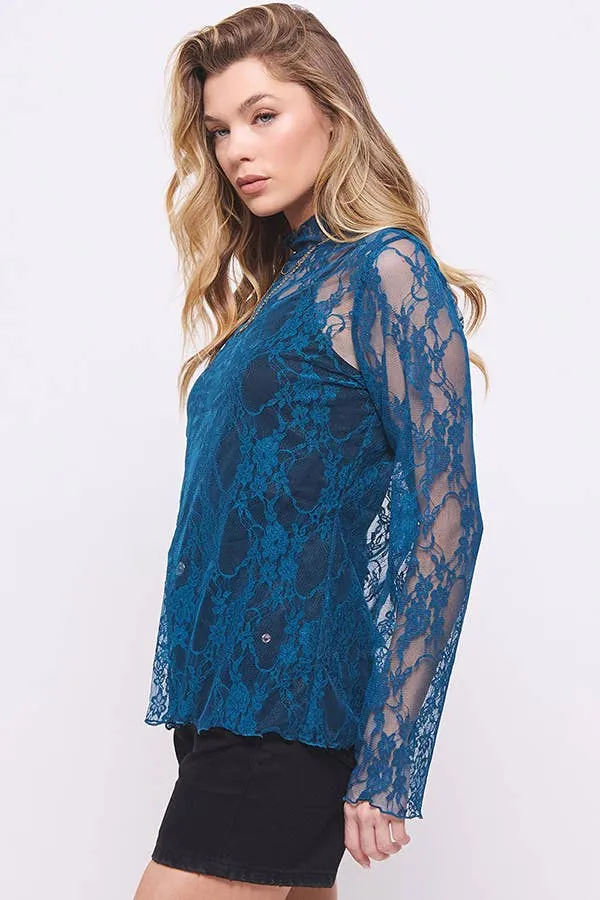 Floral print lace long sleeve top
