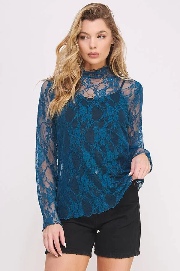 Floral print lace long sleeve top