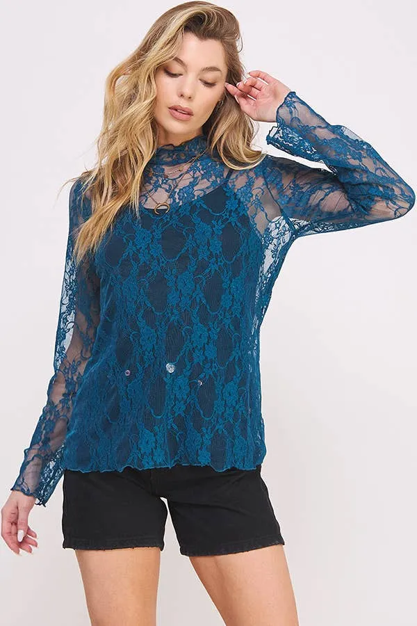 Floral print lace long sleeve top
