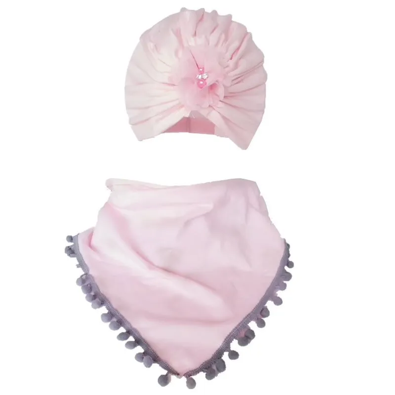 Girls Chiffon Flower Beanie Hat   Scarf With Tassels