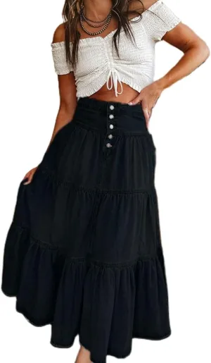 Mxiqqpltky Long Denim Skirts for Women High Waist Button-Fly Pleated Ruffle Maxi Jean Skirt Summer Flowy A-Line Tiered Skirts