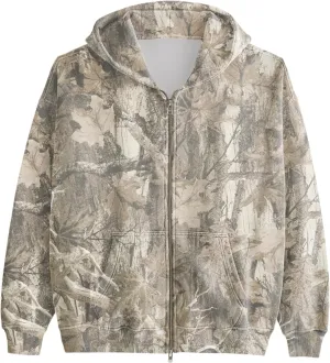 Womens Mens Camo Zip Up Hoodie Maple Leaf Print Oversized Hooded Sweatshirt Fleece Long Sleeve Jacket