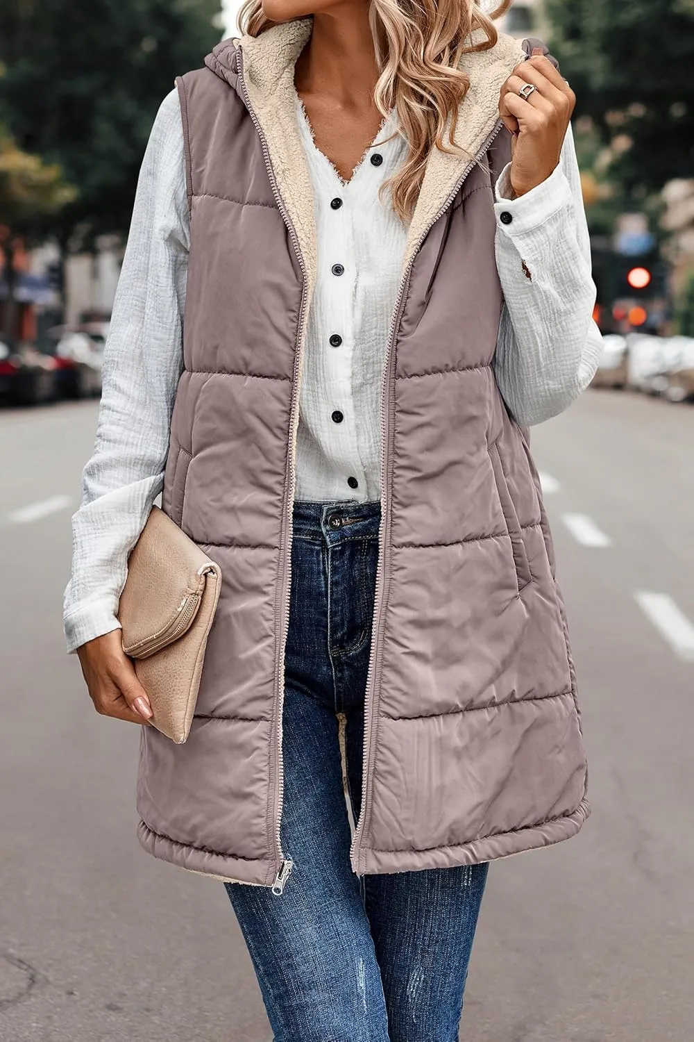 Womens Reversible Vests Sleeveless Jacket Zip Up Hoodie 2023 Fall Winter Warm Long Fleece Coat Outerwear with Pockets
